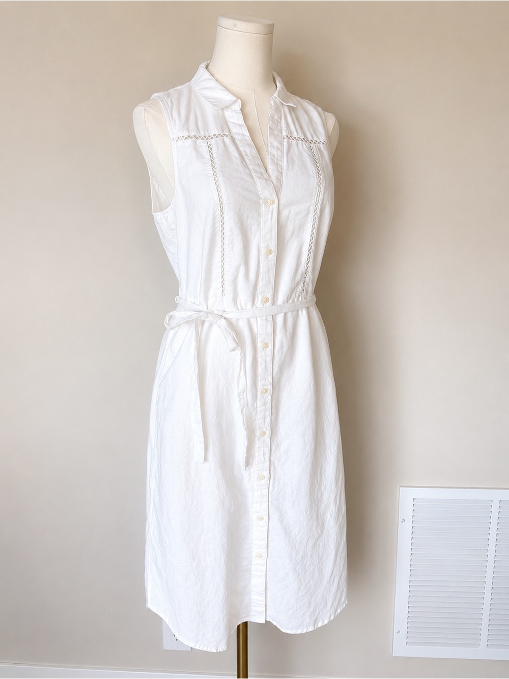 Banana Republic Size 6 White Linen Blend Belted Midi Shirt Dress Minimalist LWD